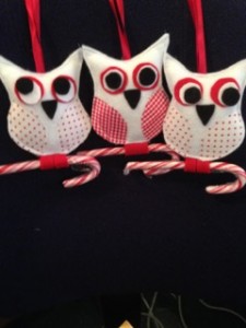 White and red felt owl xmas tree decorations