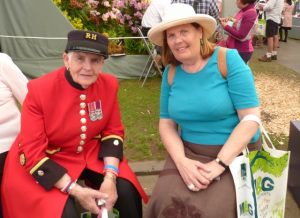 Flower Show vistiors: jane and Chelsea Pensioner, Audrey